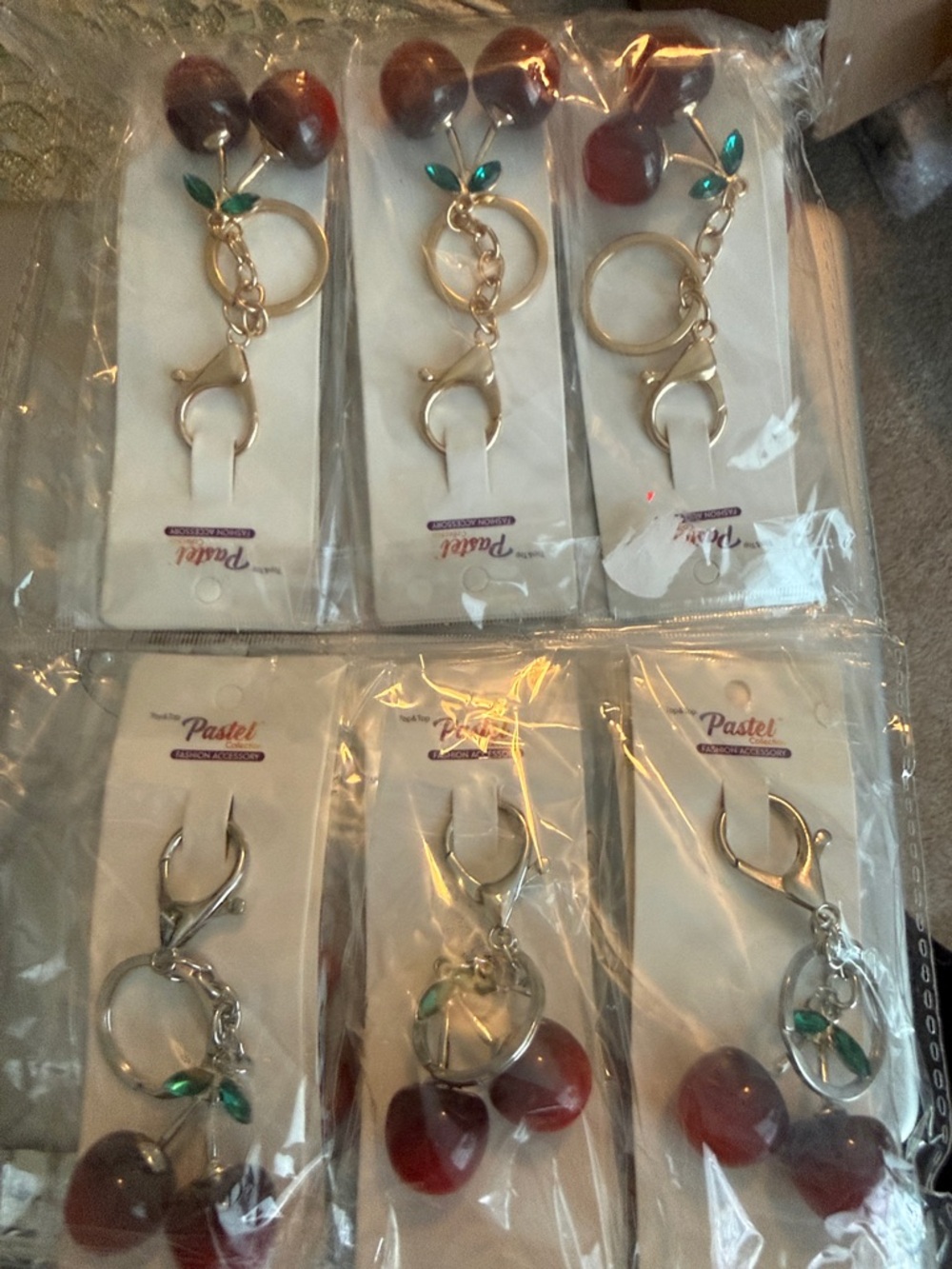Pastels Red Cherry Keychain with Green Leaf Accents Gold & Silver Tone